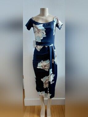 Navy Floral Off-Shoulder Midi Dress